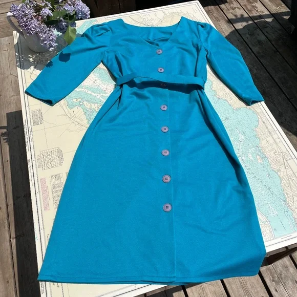 Vintage Teal Belted Button Back Dress - Picture 6 of 8